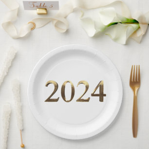 Elegant Faux Golden Numbers Happy New Year 2024 Paper Plate