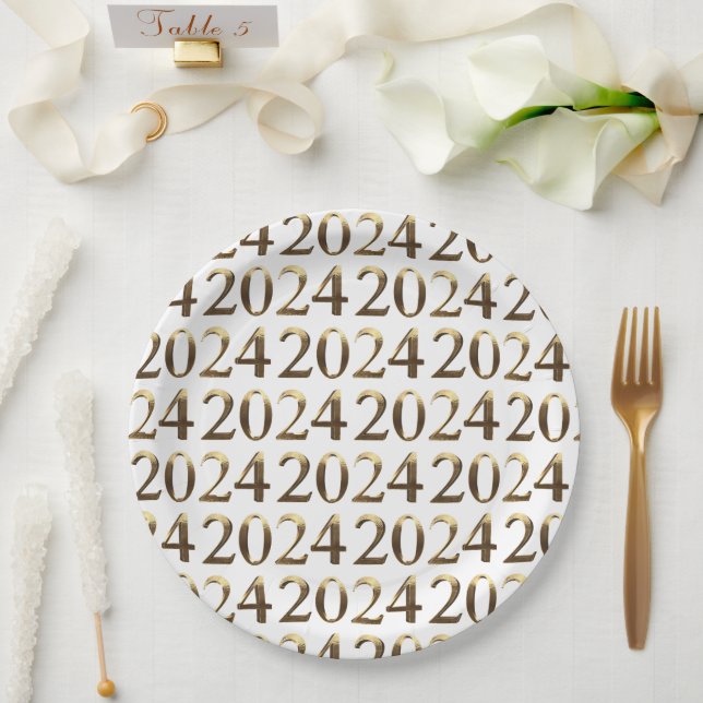 Elegant Faux Golden Numbers Happy New Year 2024 Paper Plate (Wedding)