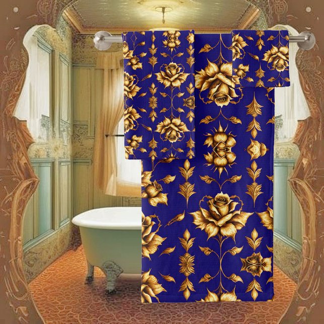 Elegant faux golden roses on royal blue bath towel set (Creator Uploaded)