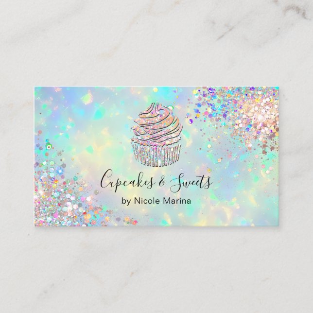 Elegant Faux Holographic Opal Cupcake Bakery Chef Business Card (Front)