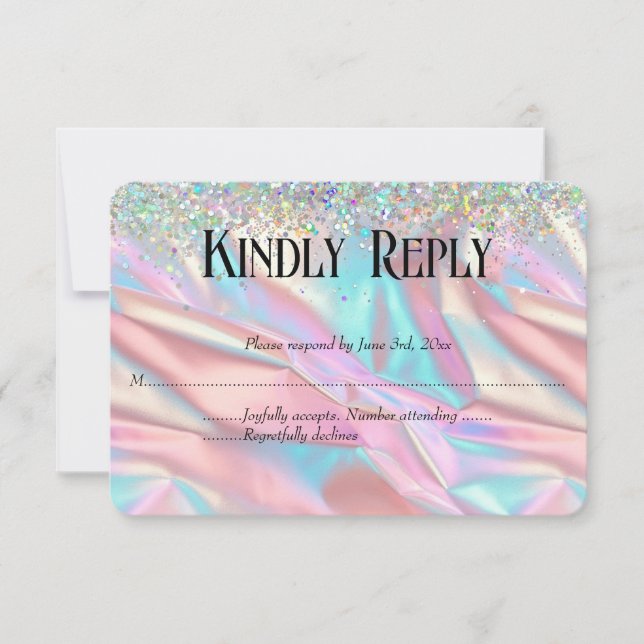 Elegant Faux Iridescent Foil and Glitter Wedding  RSVP Card (Front)