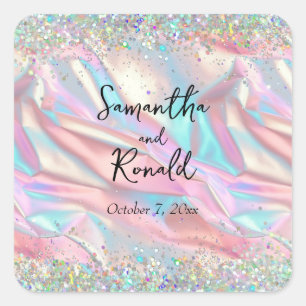 Elegant Faux Iridescent Foil and Glitter Wedding Square Sticker