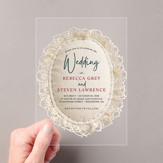 Elegant faux lace frame wedding acrylic invitations (Insitu (Handheld))