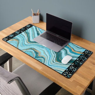 Elegant Faux Marble Black Ornate Trim Desk Mat