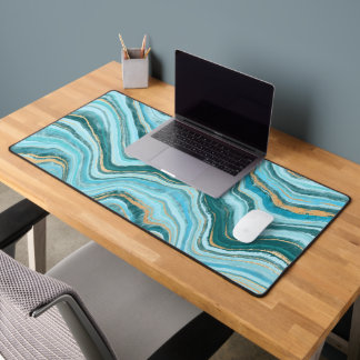Elegant Faux Marble Blue Gold Desk Mat