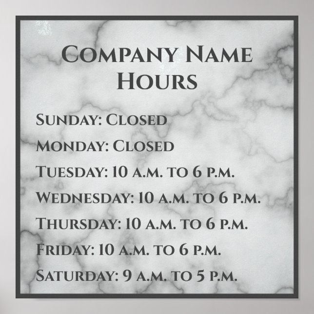 Elegant Faux Marble Business Hours of Operation Poster (Front)