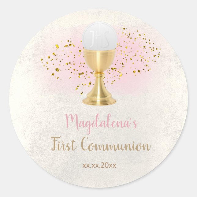 elegant faux metal First Communion girl Classic Round Sticker (Front)
