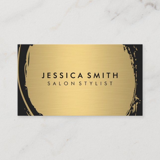 Elegant Faux Metallic Gold Brushed with Black Business Card (Front)