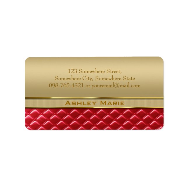Elegant Faux Metallic Gold Quilted Red Leather Label (Front)
