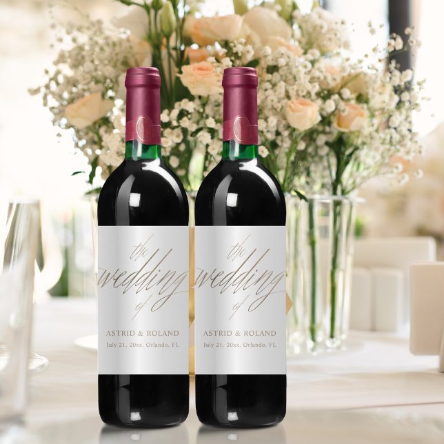 Elegant Faux Metallic Gold & White Wedding  Wine Label (Creator Uploaded)
