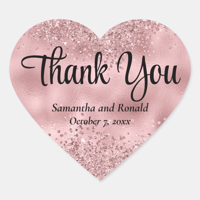 Elegant Faux Pink Glitter & Foil Wedding Thank You Heart Sticker (Front)