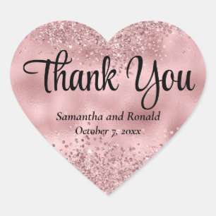 Elegant Faux Pink Glitter & Foil Wedding Thank You Heart Sticker