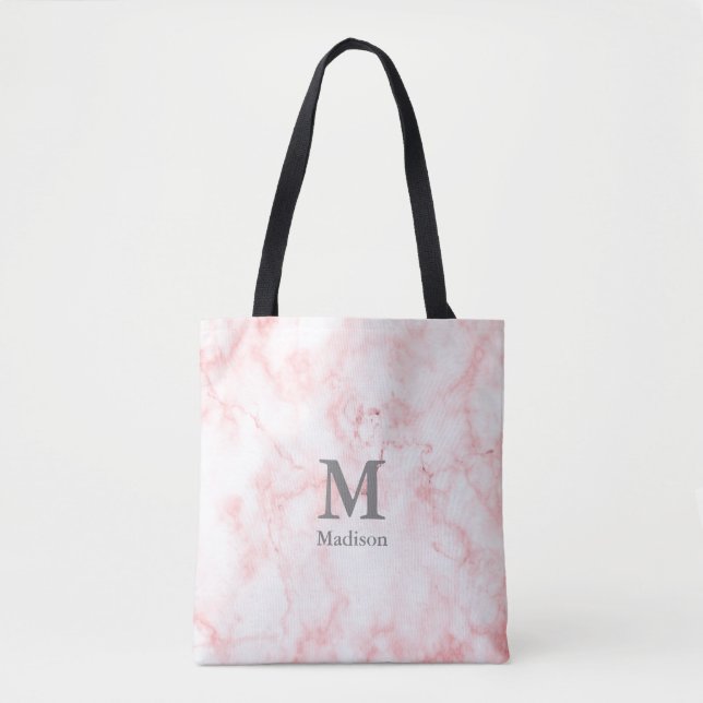 Elegant Faux Pink Marble Grey Initials Monogram Tote Bag (Front)