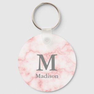 Elegant Faux Pink Marble Grey Monogram and Name Key Ring