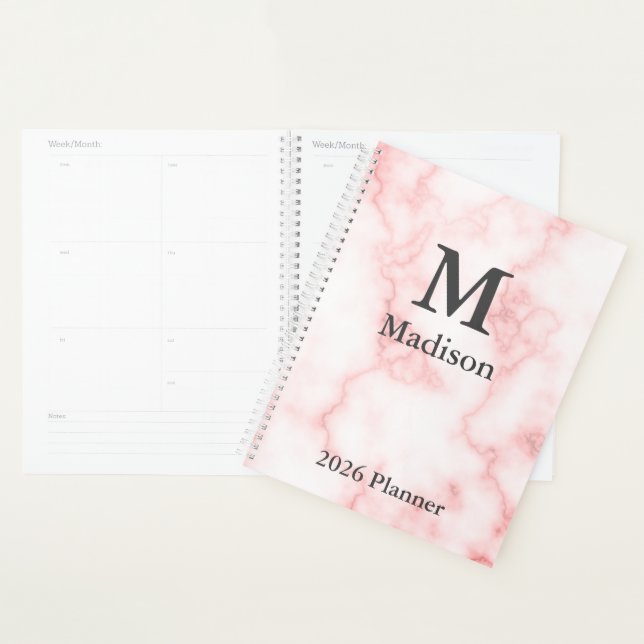 Elegant Faux Pink Marble Grey Monogram Name 2026 Planner (Display)