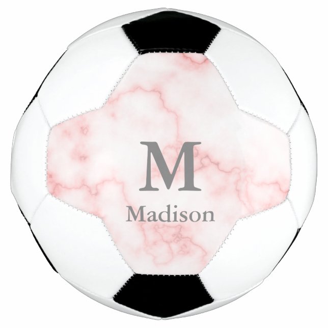 Elegant Faux Pink Marble Grey Monogram & Name Football (Front)