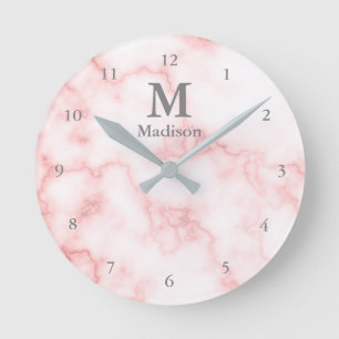 Elegant Faux Pink Marble Grey Name & Monogram Round Clock