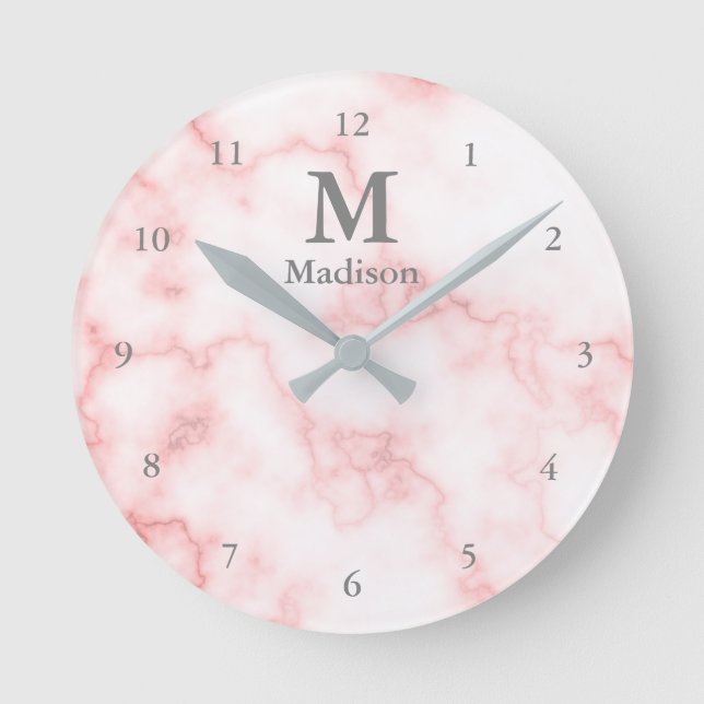 Elegant Faux Pink Marble Grey Name & Monogram Round Clock (Front)