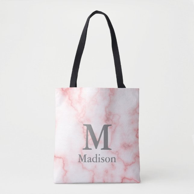 Elegant Faux Pink Marble Name Monogram Template Tote Bag (Front)