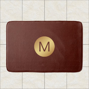 Elegant Faux Red Leather & Gold Monogram Initial Bath Mat
