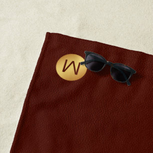 Elegant Faux Red Leather & Gold Monogram Initial Beach Towel