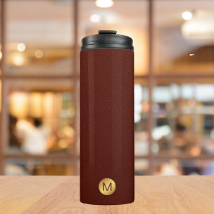 Elegant Faux Red Leather & Gold Monogram Initial Thermal Tumbler