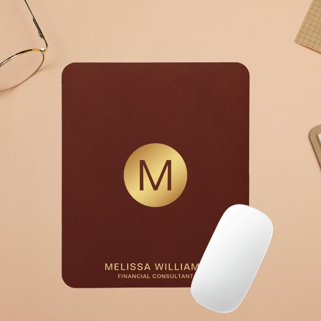 Elegant Faux Red Leather & Gold Monogram Name Mouse Mat (Creator Uploaded)