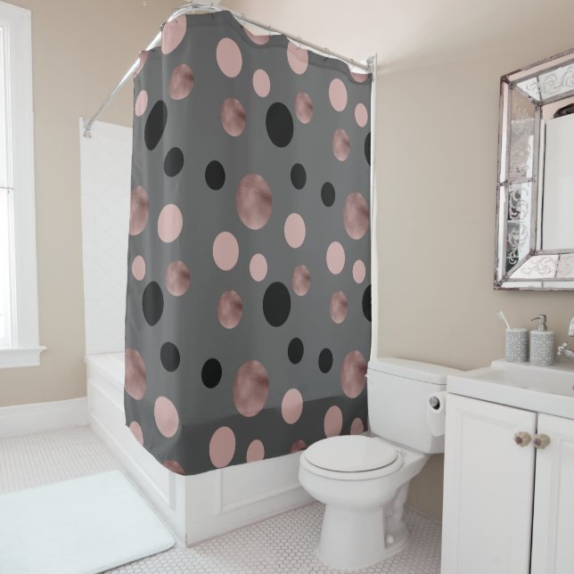 elegant faux rose gold blush pink black circles shower curtain (In Situ)