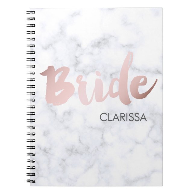 elegant faux rose gold "bride" white marble notebook (Front)