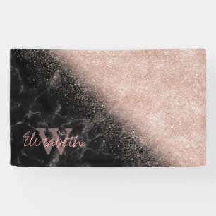 Elegant faux rose gold confetti black marble image banner