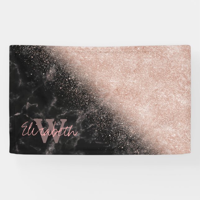 Elegant faux rose gold confetti black marble image banner (Horizontal)