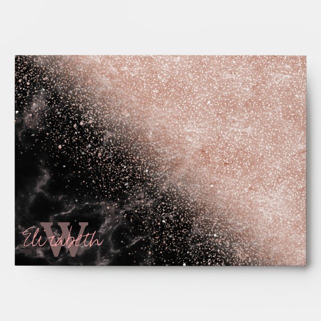 Elegant faux rose gold confetti black marble image envelope (Front)