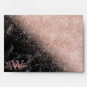 Elegant faux rose gold confetti black marble image envelope