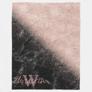 Elegant faux rose gold confetti black marble image fleece blanket