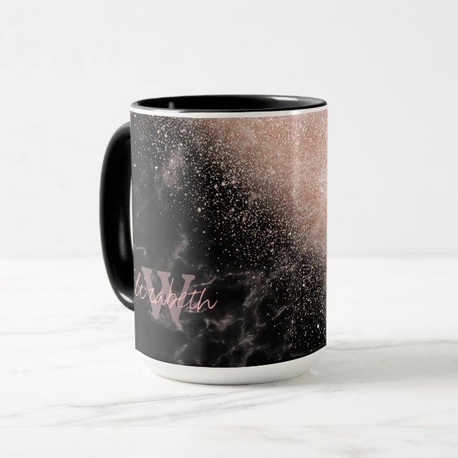 Elegant faux rose gold confetti black marble image mug (Front Left)