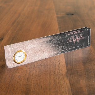 Elegant faux rose gold confetti black marble image nameplate