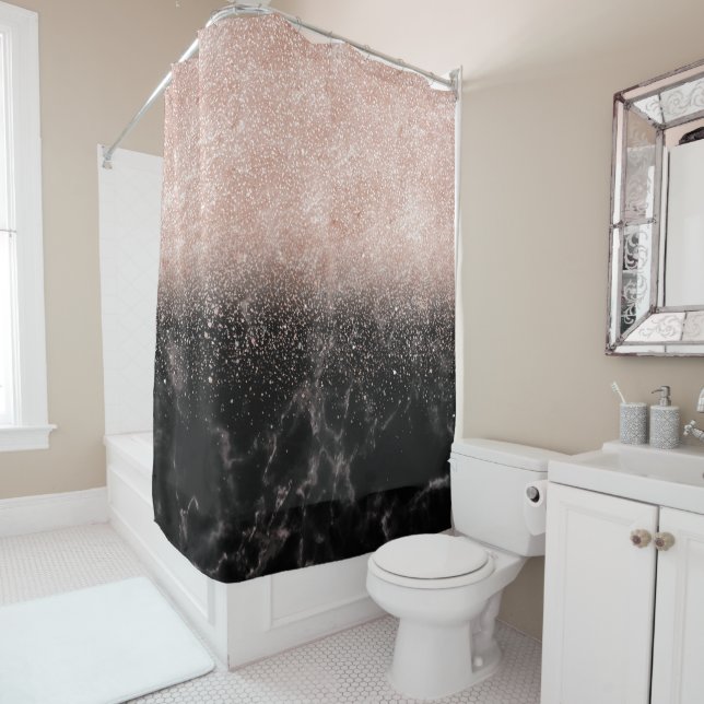 Elegant faux rose gold confetti black marble image shower curtain (In Situ)
