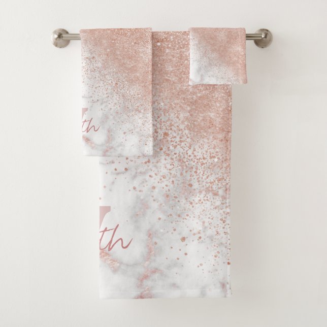 Elegant faux rose gold confetti white marble image bath towel set (Insitu)