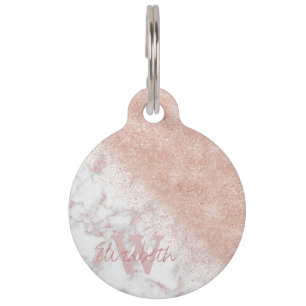 Elegant faux rose gold confetti white marble image pet tag