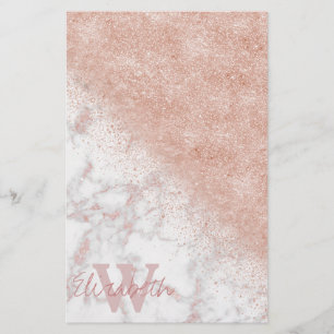 Elegant faux rose gold confetti white marble image stationery