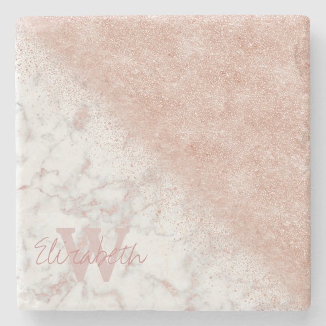 Elegant faux rose gold confetti white marble image stone coaster (Front)
