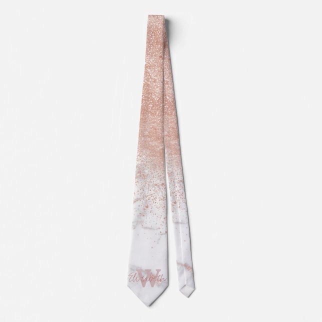 Elegant faux rose gold confetti white marble image tie (Front)