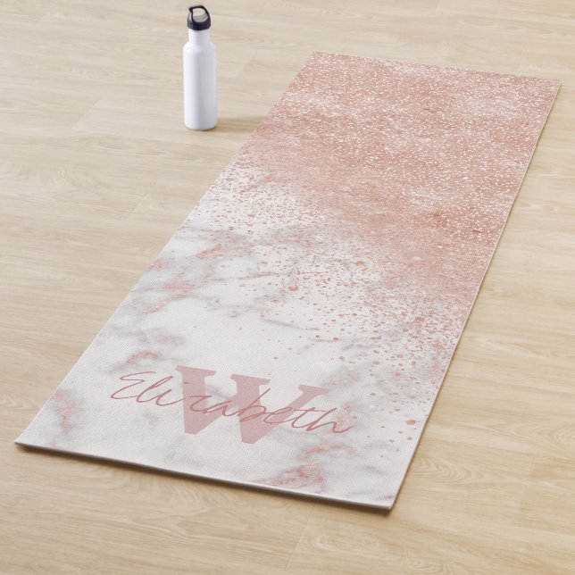 Elegant faux rose gold confetti white marble image yoga mat (In Situ)