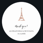 Elegant Faux Rose Gold Eiffel Tower Thank You Classic Round Sticker<br><div class="desc">These stylish wedding favour stickers feature a faux rose gold image of the Eiffel Tower,  along with your names and wedding date in classic black text,  and the words "thank you."</div>