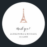 Elegant Faux Rose Gold Eiffel Tower Thank You Classic Round Sticker<br><div class="desc">These stylish wedding favour stickers feature a faux rose gold image of the Eiffel Tower,  along with your names and wedding date in classic black text,  and the words "thank you."</div>
