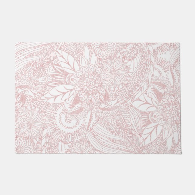 Elegant faux rose gold floral mandala design doormat (Front)