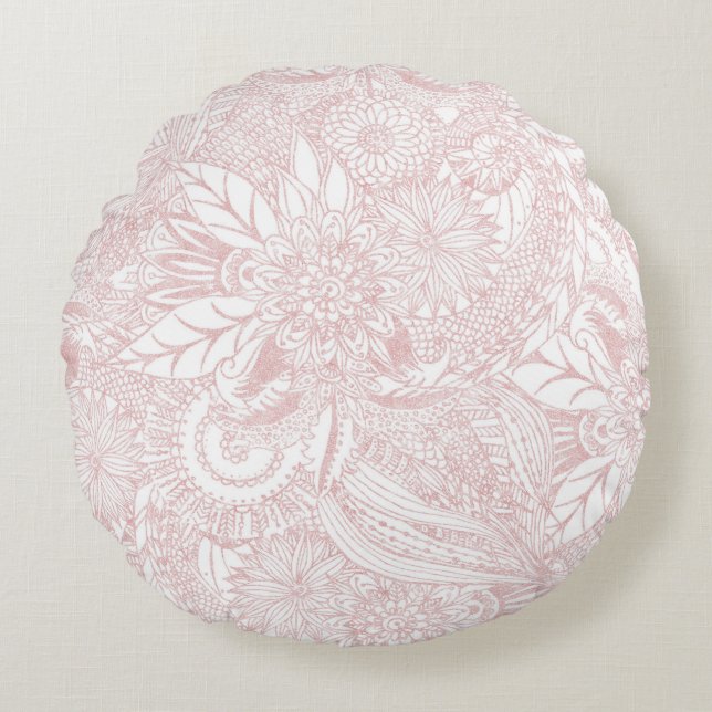 Elegant faux rose gold floral mandala design round cushion (Front)