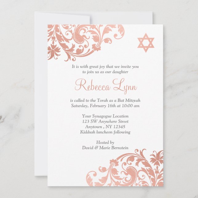Elegant Faux Rose Gold Flourish Bat Mitzvah Invite (Front)