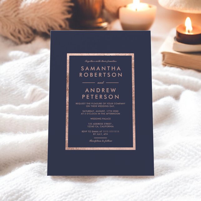 Elegant faux rose gold frame navy blue wedding invitation (Elegant faux rose gold frame navy blue wedding invitation)