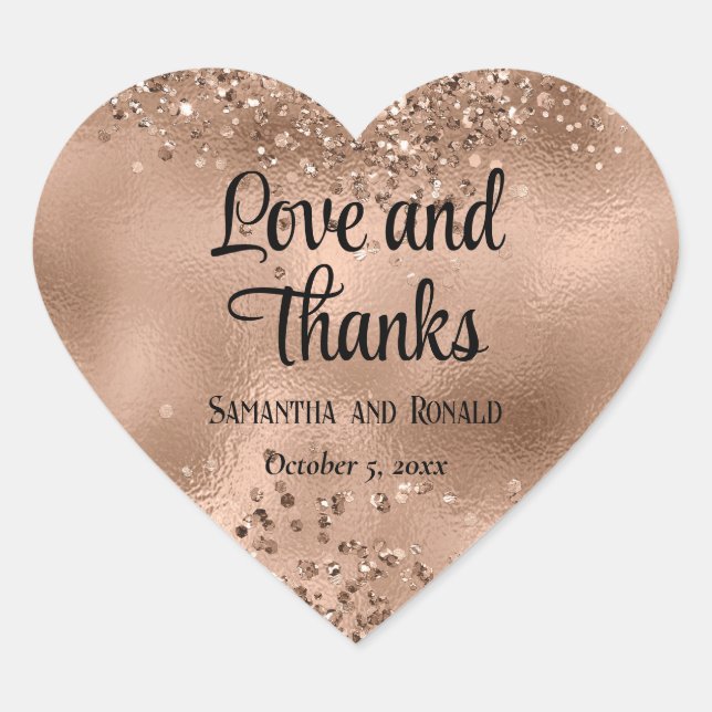 Elegant Faux Rose Gold Glitter and Foil Wedding Heart Sticker (Front)